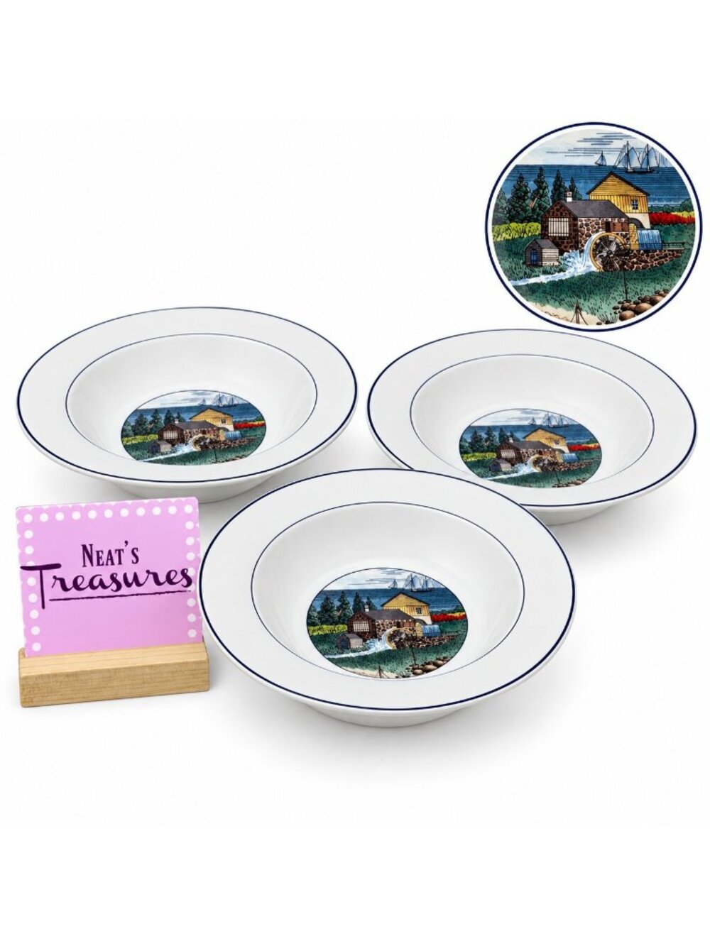 Epoch PIONEER BAY Houses Barns Ships Birds Water Ceramic Soup Cereal Bowls Set 3